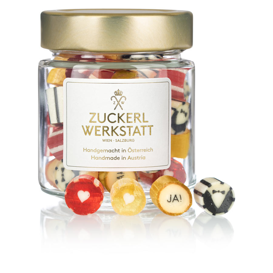 Hochzeitszuckerl Classic im Glas mit goldenem Deckel