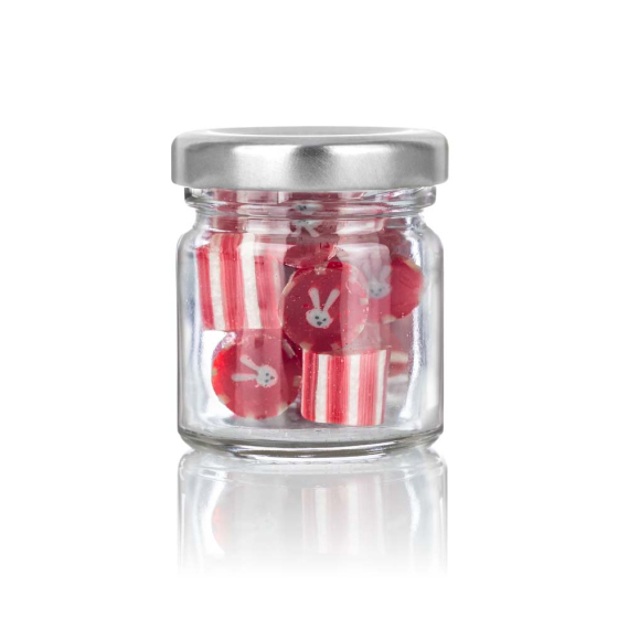 Rotes Zuckerl mit grauem Osterhasenmotiv