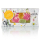 Vegane Fruchtgummis in Grün, Gelb und Pink in illustrierter Kartonverpackung